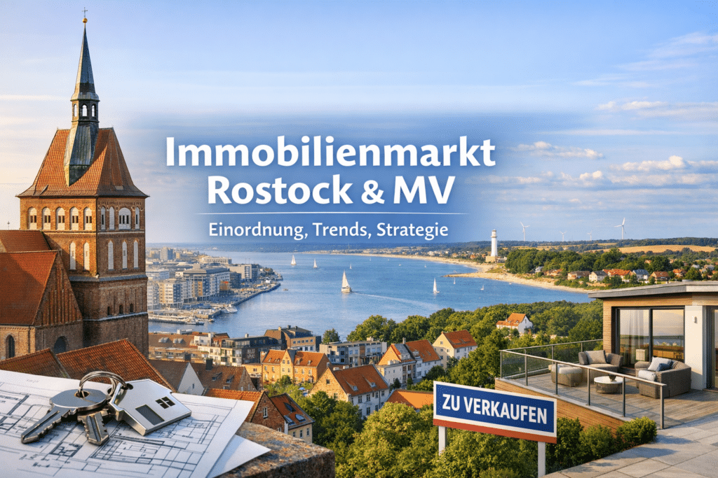 Immobilienmarkt Rostock und Mecklenburg-Vorpommern: Panorama mit Marienkirche, Stadthafen, Warnemünder Küste, Dachterrasse mit Meerblick, Grundriss mit Schlüssel und Zu-Verkaufen-Schild