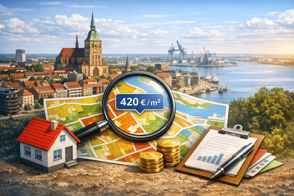 Bodenrichtwert in Rostock: Stadtpanorama mit Petrikirche und Hafen, Lupe auf Bodenrichtwert-Zonenkarte mit 420 €/m², Hausmodell, Münzstapel und Bewertungsunterlagen