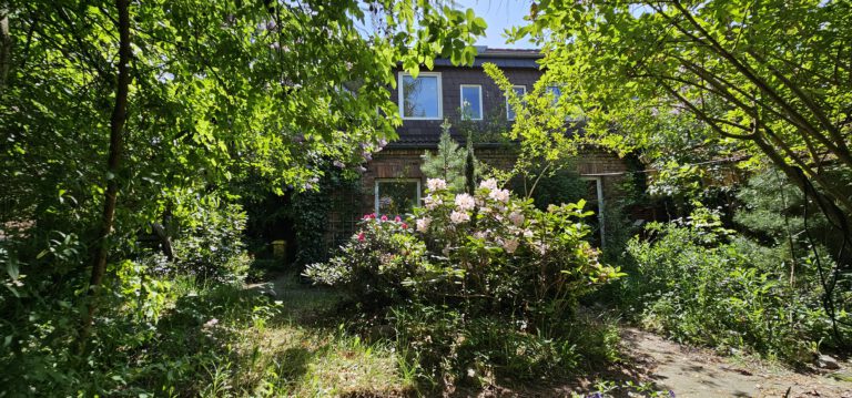 Gartenansicht einer unsanierten Doppelhaushälfte in Rostock-Alt Dierkow (Beispielansicht).