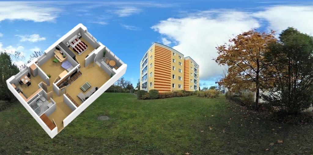 Außenansicht mit 3D-Grundriss der Eigentumswohnung in Rostock-Lichtenhagen – Referenzobjekt 5593 – Büchel Immobilien Rostock