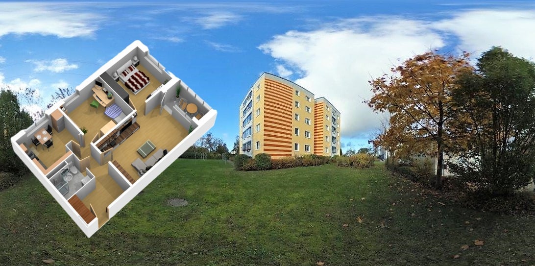 Außenansicht mit 3D-Grundriss der Eigentumswohnung in Rostock-Lichtenhagen – Referenzobjekt 5593 – Büchel Immobilien Rostock