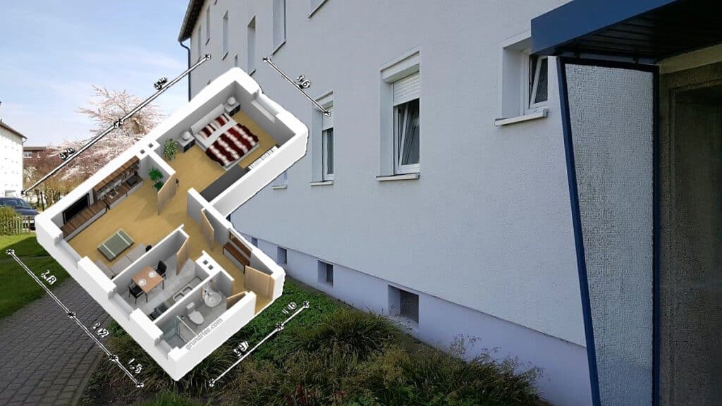 Außenansicht mit 3D-Grundriss-Einblendung der Eigentumswohnung in Rostock-Reutershagen – Referenzobjekt 5498 – Büchel Immobilien Rostock