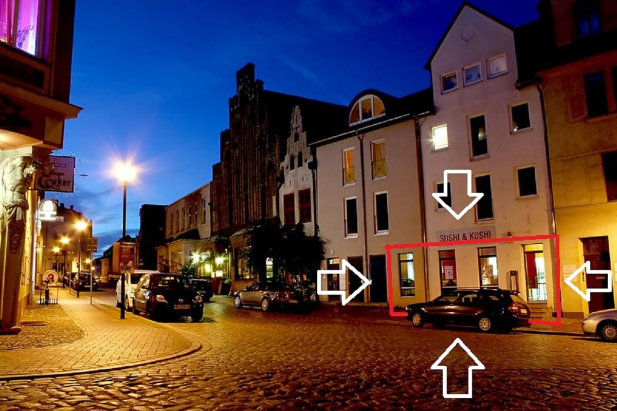 Abendansicht einer Gewerbeeinheit in Rostock – Stadtmitte (Große Wasserstraße) – Referenz-ID 5222.