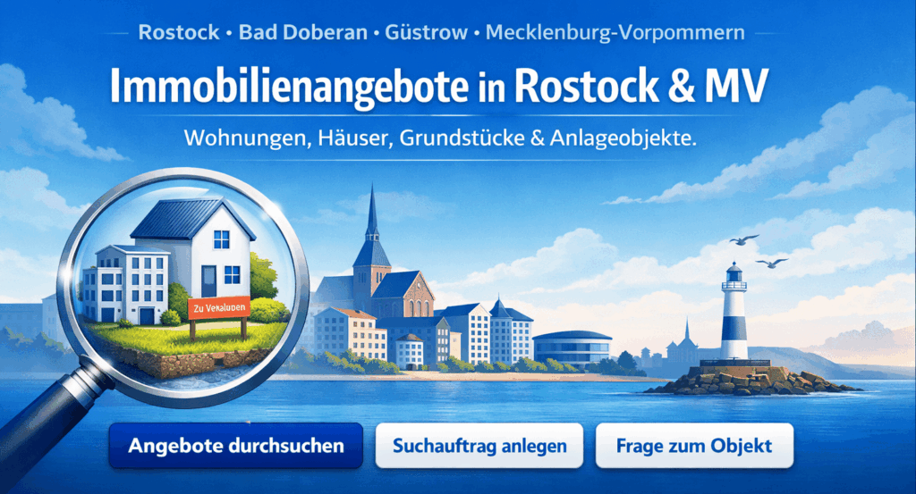 Illustration zu Immobilienangeboten in Rostock und Mecklenburg-Vorpommern mit Skyline, Leuchtturm und Suchsymbol
