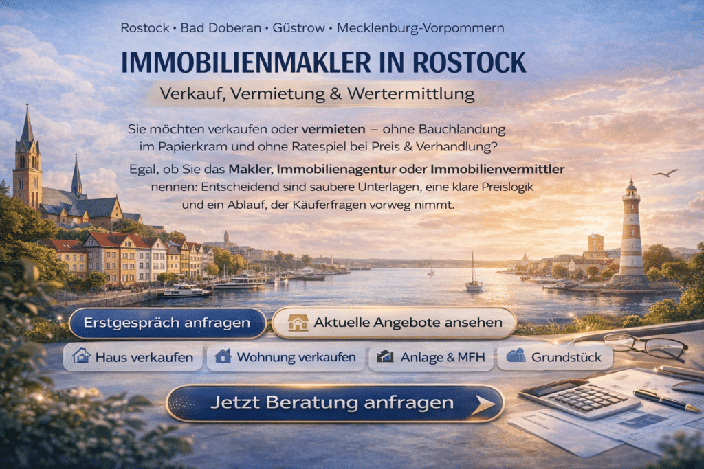 Immobilienmakler in Rostock mit Hafenpanorama bei Sonnenuntergang – Verkauf, Vermietung und Wertermittlung von Wohnimmobilien in Rostock und Umgebung