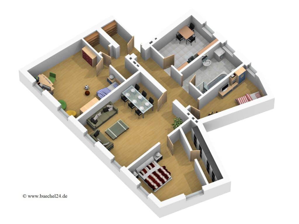 3D-Grundriss der vermieteten Familienwohnung in Rostock-Stadtmitte (Richard-Wagner-Straße) – Referenz 5485 – Büchel Immobilien Rostock