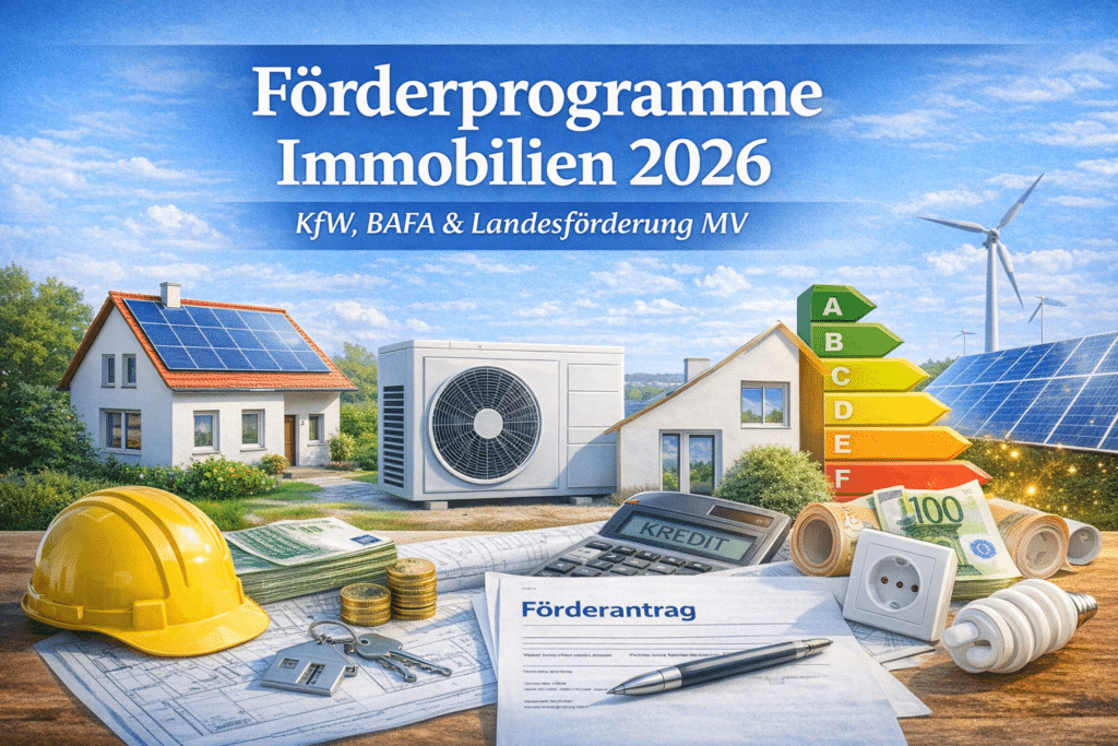 Förderprogramme Immobilien 2026 – Einfamilienhaus mit Solarpanels, Wärmepumpe, Energieausweis, Förderantrag und Taschenrechner mit Geldscheinen und Münzen