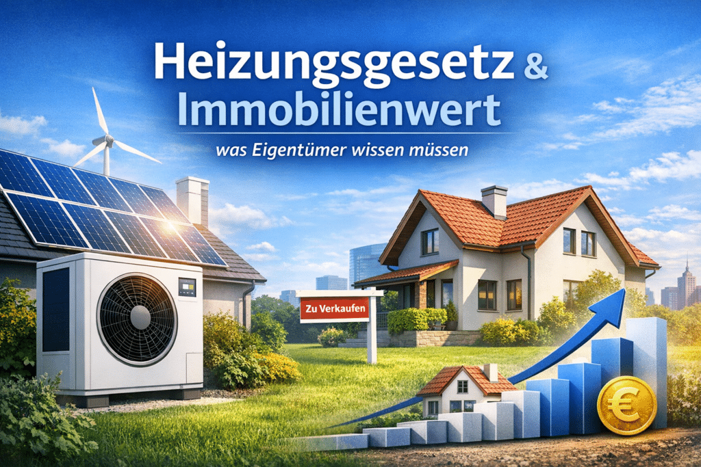 Heizungsgesetz und Immobilienwert – Einfamilienhaus mit Wärmepumpe, Solarpanels und Verkaufsschild, steigende Wertentwicklung symbolisiert durch Balkendiagramm mit Euro-Münze