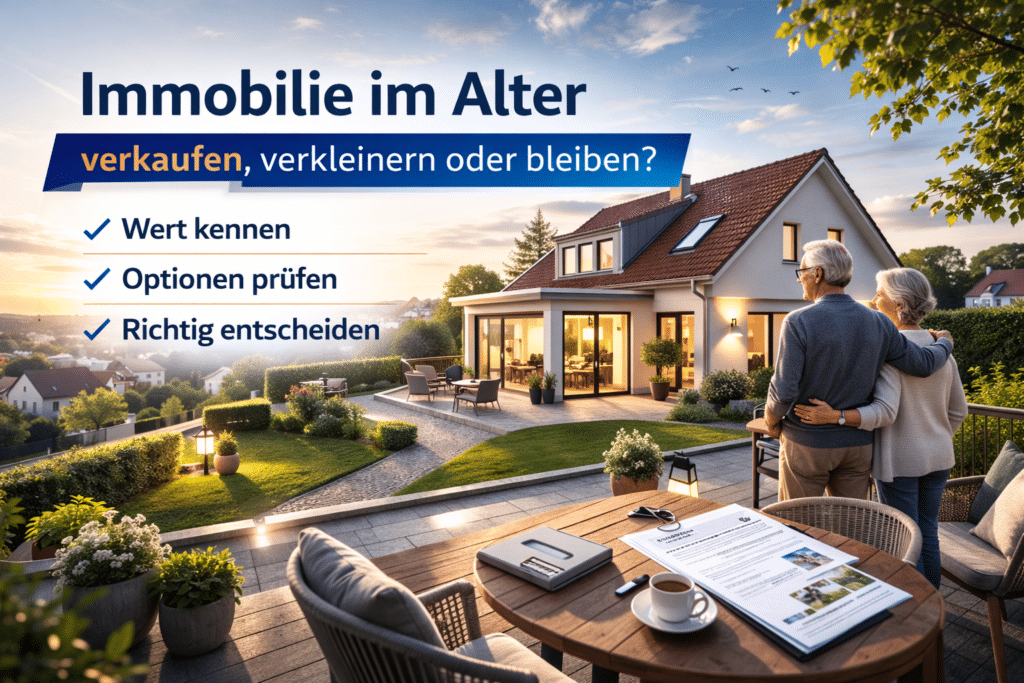 Immobilie im Alter – älteres Paar blickt auf ihr Einfamilienhaus mit Garten, auf dem Tisch Unterlagen und Kaffee