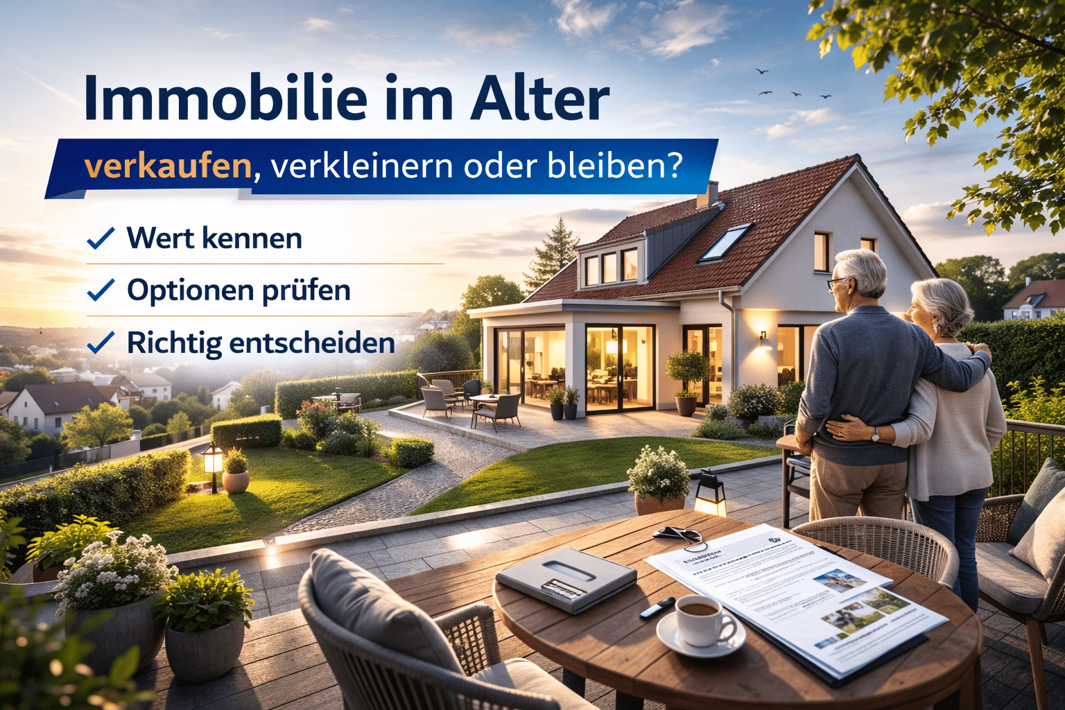 Immobilie im Alter – älteres Paar blickt auf ihr Einfamilienhaus mit Garten, auf dem Tisch Unterlagen und Kaffee