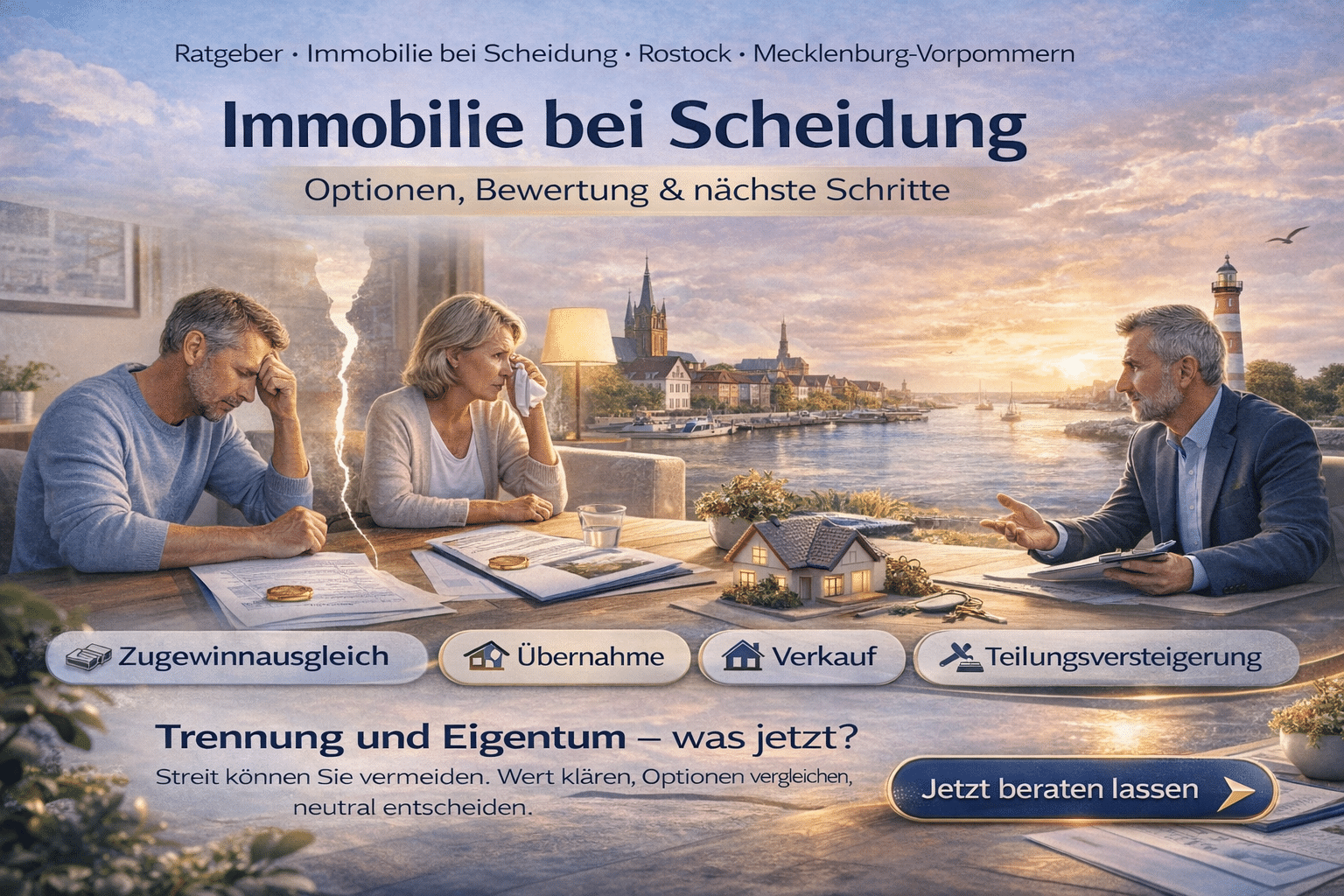 Immobilie bei Scheidung – Paar und Berater am Tisch mit Hausmodell und Unterlagen, Rostocker Skyline im Hintergrund