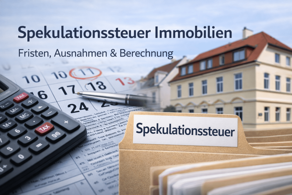 Spekulationssteuer Immobilien – Taschenrechner, Kalender und Aktenmappe vor Rostocker Häuserkulisse