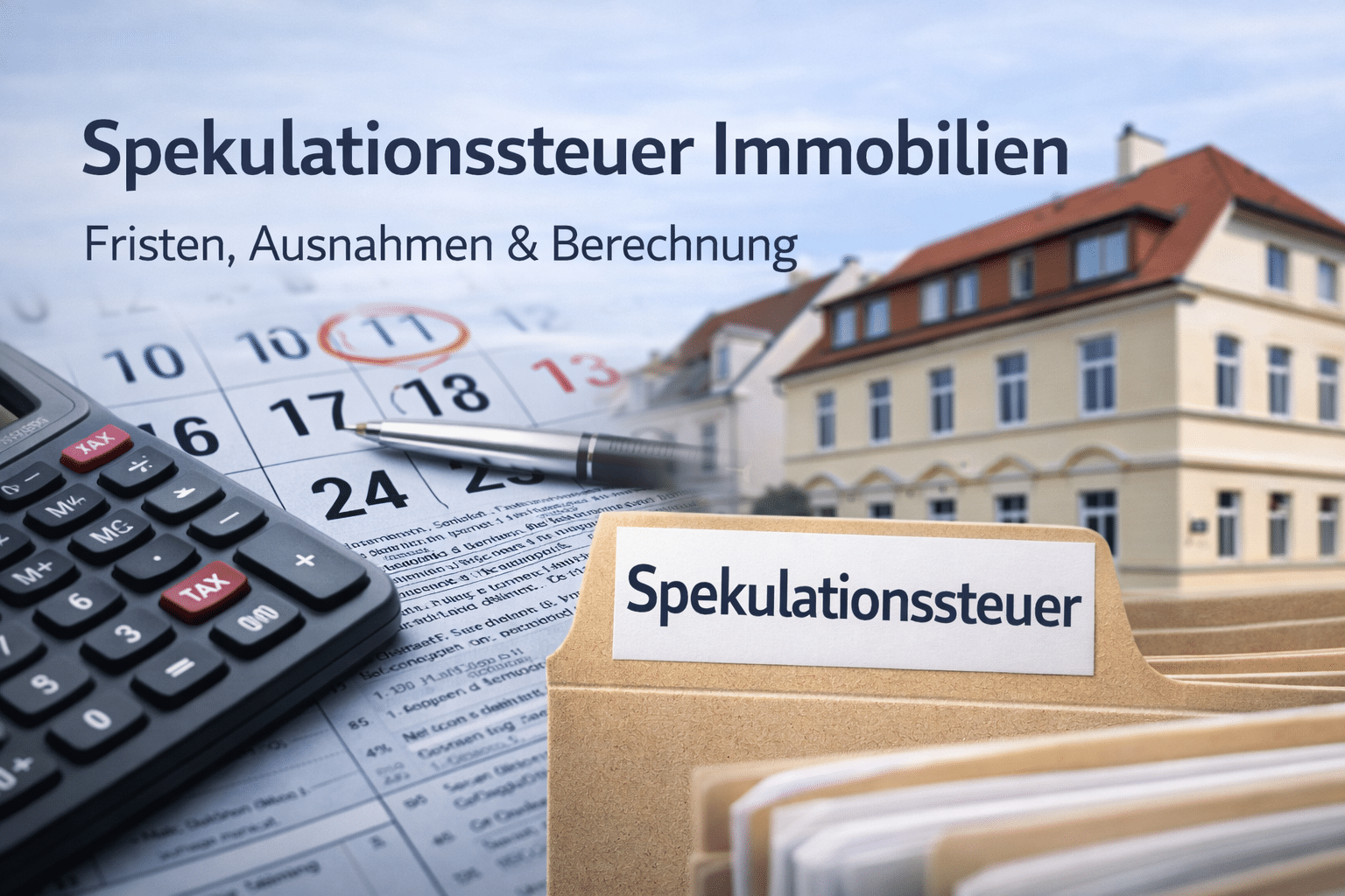 Spekulationssteuer Immobilien – Taschenrechner, Kalender und Aktenmappe vor Rostocker Häuserkulisse