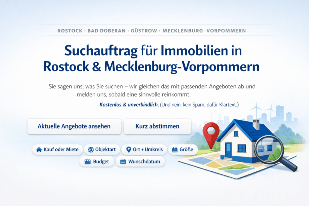 Grafik zum Immobilien-Suchauftrag mit Überschrift, Call-to-Action-Buttons und Kriterien-Chips; rechts ein Haus auf einer Karte mit Lupe.