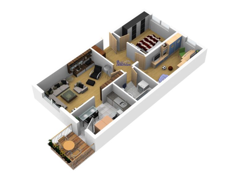 3D-Grundriss der Eigentumswohnung in Rostock-Toitenwinkel mit Wohnzimmer, Küche, Schlafzimmern und Balkon – Referenzobjekt 5672 – Büchel Immobilien Rostock