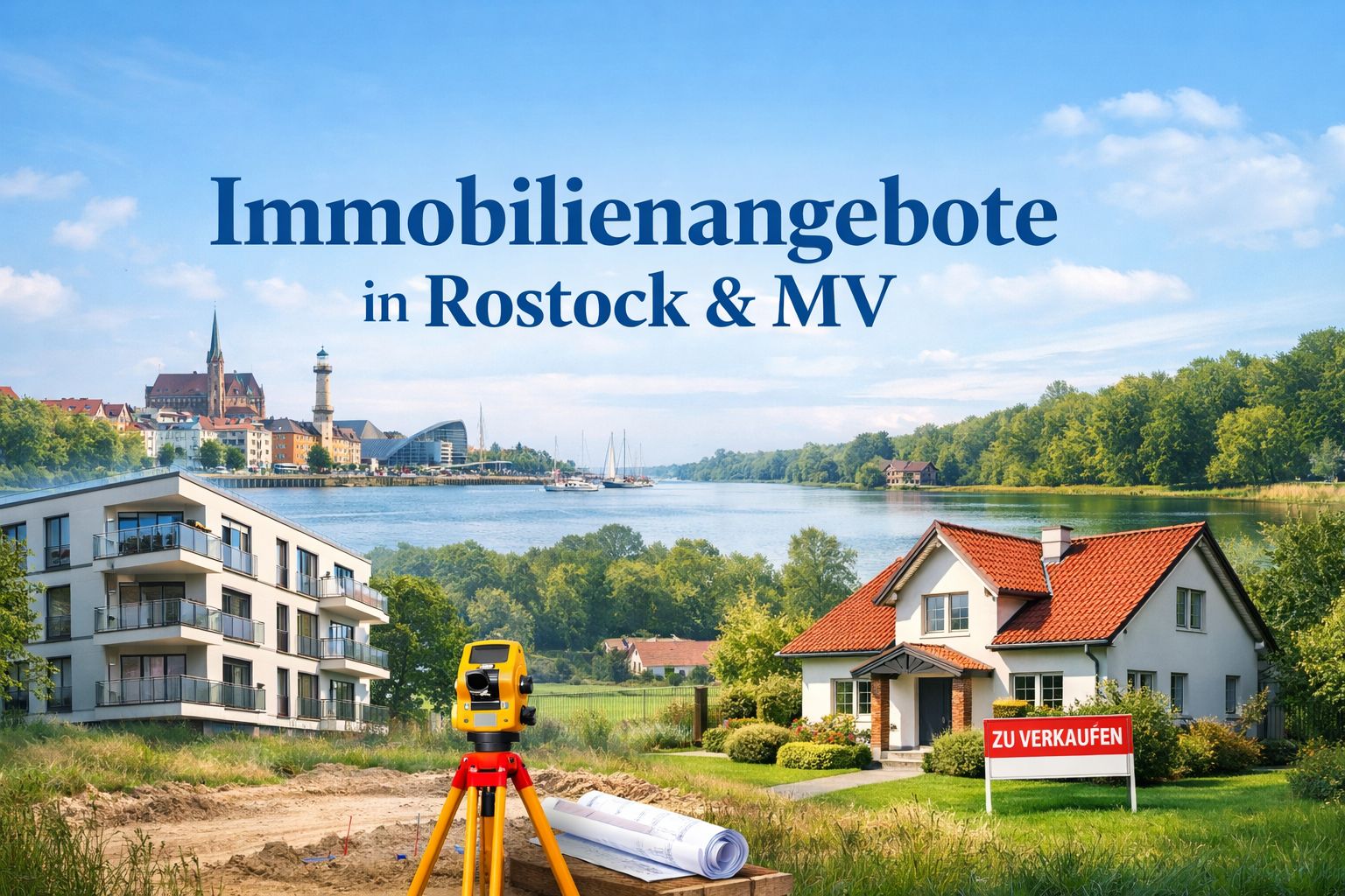 Beitragsbild zu Immobilienangeboten in Rostock und Mecklenburg-Vorpommern mit Häusern, Eigentumswohnung, Wasserblick und mittiger Überschrift.