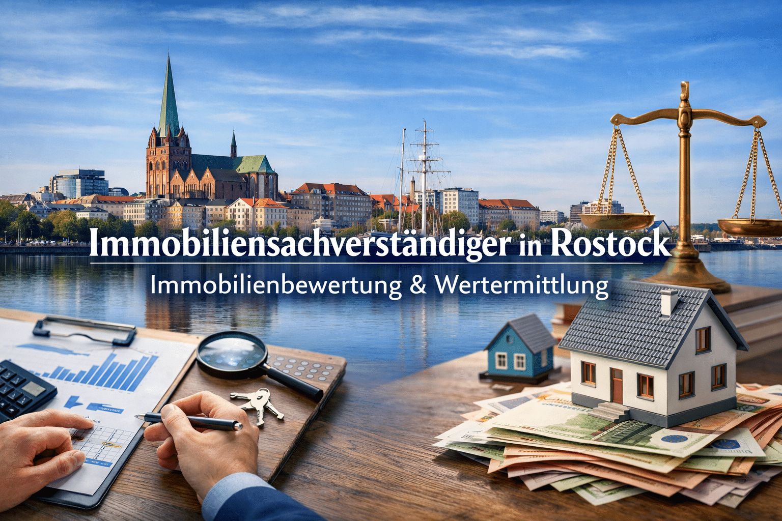 Immobiliensachverständiger in Rostock: Stadtsilhouette mit Marienkirche, Waage als Symbol für objektive Bewertung, Hausmodell auf Geldscheinen und Gutachter bei der Analyse von Marktdaten